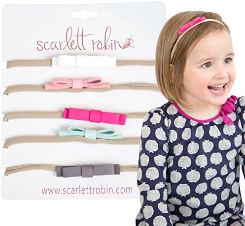 5 Baby Girl Hair Bows on Nylon Headbands | Mini Suede "Parisian Chic" | By Scarlett Robin