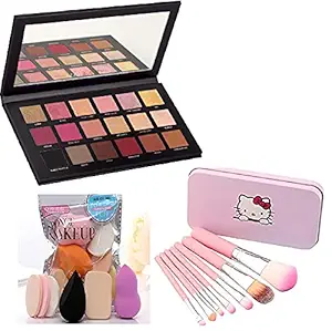 ALVRIO Combo Of Rose Gold Remastered 18 Multicolor Eye shadow with Makeup Hello Kitty 6 Pack Blender (S9)