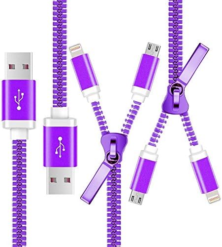 Lauco 15.7 Inch Sync &amp; Charging Data Cable Tangle-free 2-IN-1 Zipper Cable with 8-Pin Lighting &amp; Micro USB Connector for IOS/Android Devices, Purple