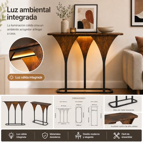 Uzelia Mesa de Consola con Luz LED 84.2x30x75 cm, Mesa Recibidor de Entrada, Mesa de Pasillo Estrecha, Mesa Auxiliar Decorativa de Madera y Metal para Sala y Espacios Reducidos, Marrón