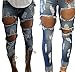 Happyear Women Hole Jeans High Waist Ripped Denim Skinny (L, Blue)