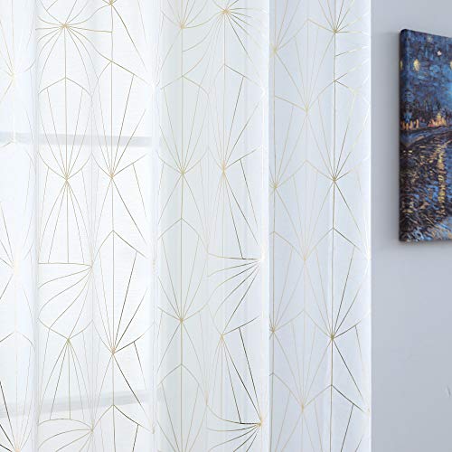 White and Gold Sheer Curtains 84 Inch Length for Bedroom Geometric