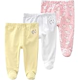 Teach Leanbh Newborn Baby 3 Pack Footed Pants Cotton Embroidery Pringting Casual Leggings 0-12 Months
