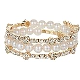 Xerling Dainty Crystal Multi Row Bracelets Faux Pearl Bracelets for Women Rhinestones Hand Chain Jewelry Wrist Bangle Bracelets Elastic Golden Bracelets