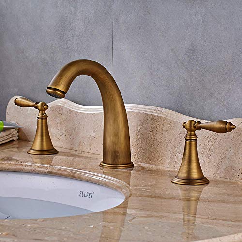 Senlesen Deck Mounted Widespread Three Holes Bathroom Sink Faucet Two Handles Basin Mixer Tap with Matching Pop Up Drain Antique Brass