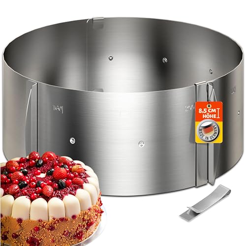 4smile Adjustable Cake Ring - Stainless Steel, 8.5 cm High - Made in Germany Cake Ring, Clips for Fixing - Heavy Duty Spring Shaped Replacement Ideal for Cake Creations, 16 to 30 cm, Matt Silver