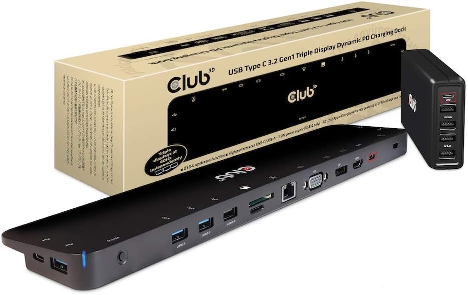 CLUB3D USB Type C 3.2 Gen1 Triple Display Dynamic PD Charging Dock 100W PD Power charger, black