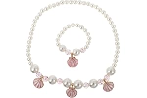 ROMISBABA Simulated Pearl Necklace and Bracelet Set for Girls Pink Shell Jewelry Kit Birthday Gift Party