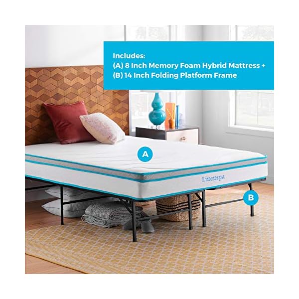 Linenspa 8” Memory Foam and Innerspring Hybrid Mattress + 14” Platform Bed King Mattress