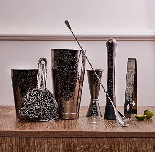 SKY FISH Cocktail Shaker, Boston Shaker Set 7 Pieces, Engraved Barman Kit in Gift Box, Hand Wash (Black)
