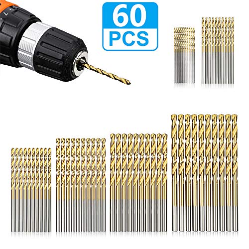 LudoPam Drill Bits Set 60 Pcs,HSS Titanium Micro Twist Drill Bits for Wood Plastic Aluminum Alloy Soft Metal 1/8 1/16 3/64 5/64 3/32 7/64" Inch