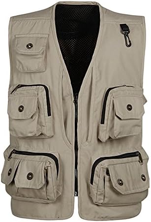 Mens Pockets Jacket Outdoors Travels Sports Vest Tops (US XXL, Khaki)