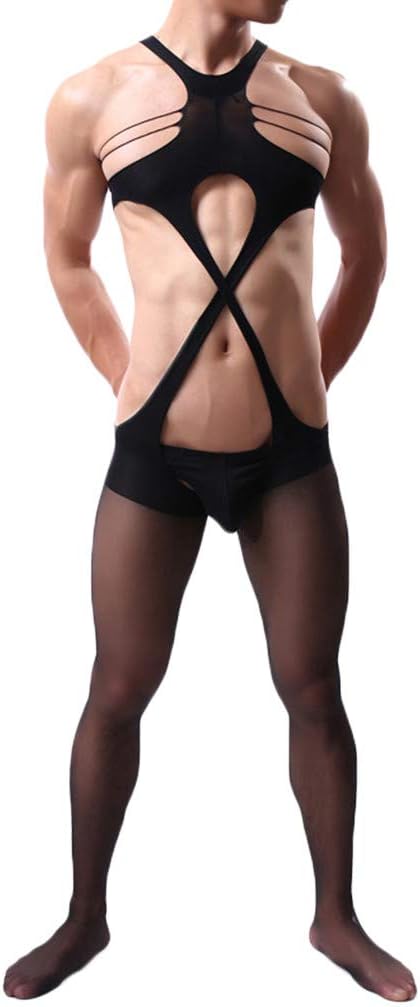 Men's Sexy Lingerie Romper Jumpsuit Bodysuit Hollow Out Leotard Silk Socks Mesh Underwear by Lowprofile