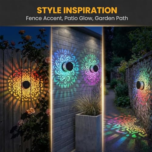 Solar Mandala Lights, Seven-Color Changing Solar Mandala Projector Light, Mandala Pattern Solar Wall Light, Outdoor Waterproof Metal Fence Lights for Yard Garden Post Patio Backyard Decor (4Pcs)