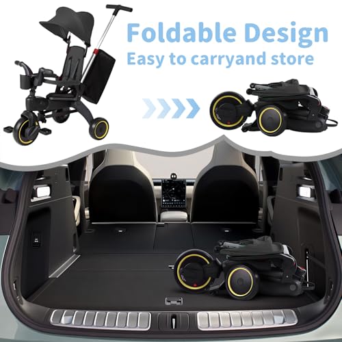 AM ANNA Folding Kids Tricycle, 5 in 1 Baby Trike W/Removable & Adjustable Canopy, Parent Handle, 5-Piont Safety Harness, Toddler Bike Stroller, EVA Wheels, Soft Armrest (Black with Storage Bag)