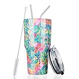 30oz Stainless Steel Insulated Flamingo Tumbler Travel Mug with Straw Slider Lid, Cleaning Brush, Double Wall Vacuum