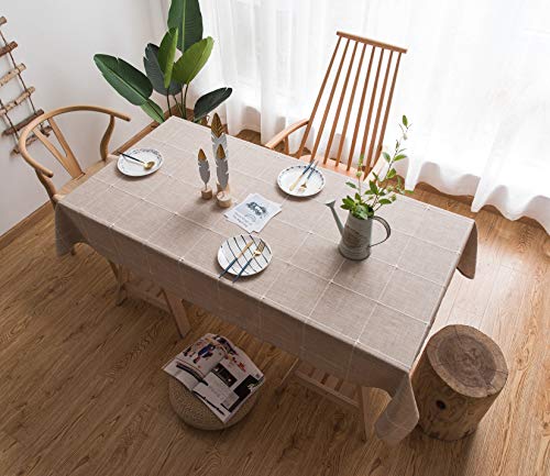 JZY Heavy Duty Cotton Linen Table Cloth for Rectangle Tables Solid Embroidery Lattice Tablecloth for Kitchen Dinning Tabletop Decoration (52"x120", Linen)