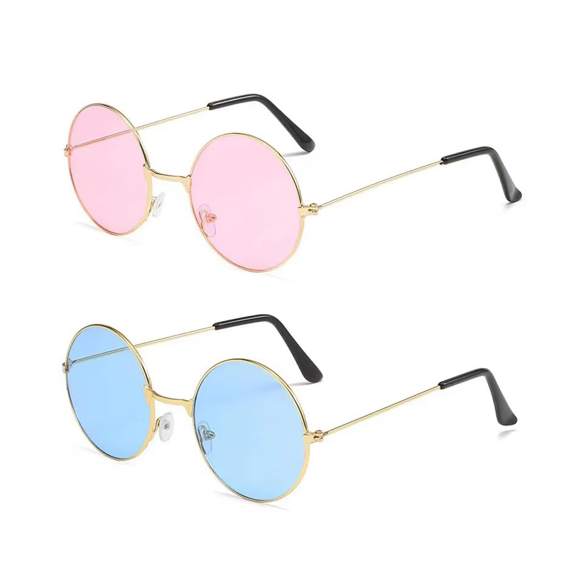 2Pack Hippy Specs Sunglasses, Metal Round Frame Classic Retro Sunglasses with Colored Flat Lens, 60's 70's Style Vintage Circle Glasses for Fancy Dress Hippie Costume Accessories Unisex Holiday Party