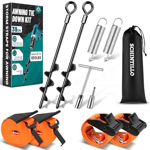 SCHINTILLO Storm Band Awning Set for Thule & Fiamma, Storm Protection for Awning Awning, Stabilisation Kit for Camping and Motorhome with 39 cm Thick Ground Anchor