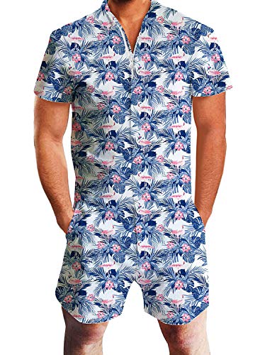 Leapparel Men Printed One Piece Jumpsuit Zip Short Sleeve Pants Rompers Overalls (M, Flower&Flamingo) Leapparel Men Printed One Piece Jumpsuit Zip Short Sleeve Pants Rompers Overalls (M, Flower&Flamingo)
