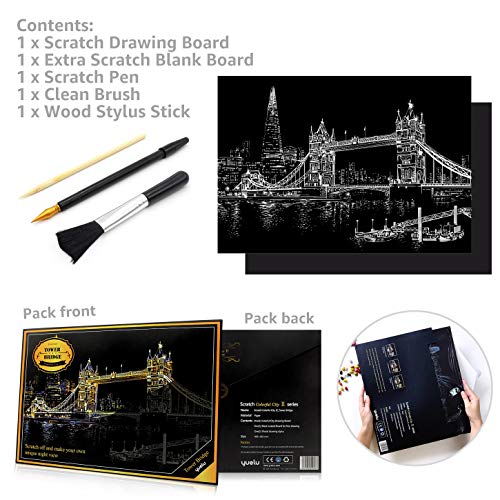 Scratch Art Rainbow Painting Paper, Sketch Pad DIY Night View Scratchboard for Kids & Adults, Engraving Art & Craft Set, Scratch Painting Creative Gift, 16'' x 11.2'' with 3 Tools (Tower Bridge)