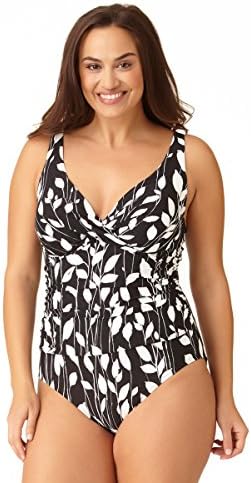 Anne Cole Women's Plus Size Vines Twist Front Over The Shoulder Shirred One Piece Swimsuit-18W-AC15_BKWH