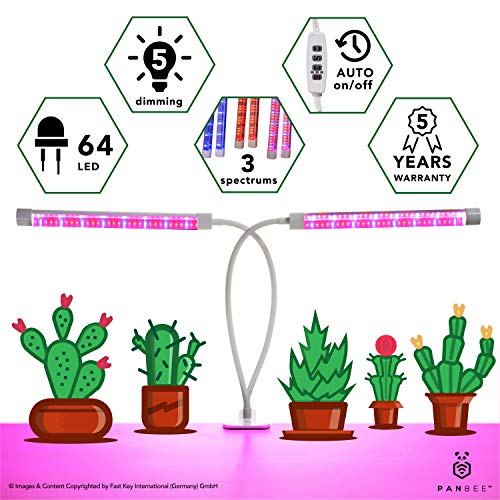 Grow Light Dual Head with Timer – for Indoor Plants Flowers Vegetables Seeds, Full Spectrum Red Blue Lights, Hydroponics Greenhouse Gardening, 64 LED, 5 Dimmable Modes, Humidity Proof, 360 Gooseneck