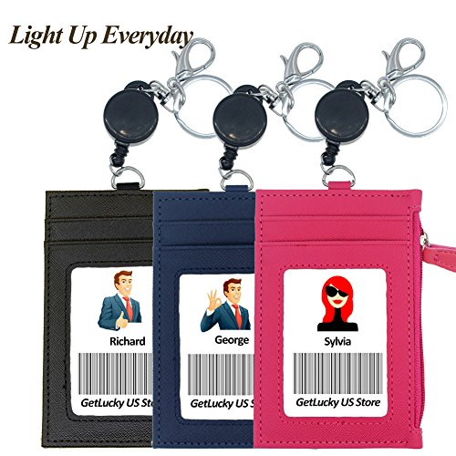Badge Holder with Zipper,Boarding Pass Holder,2-Sided PU Leather ID Badge Holder with Retractable Badge Reel & Easy Clasp Keychain,1 ID Window 4 Card Slots 1 Zipper Pocket, 17.8” Neck Lanyard (Blue)