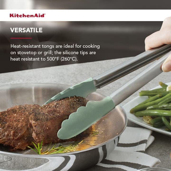 KitchenAid Gourmet Silicone-Tipped Stainless Steel Tongs, 12 Inch, Pistachio