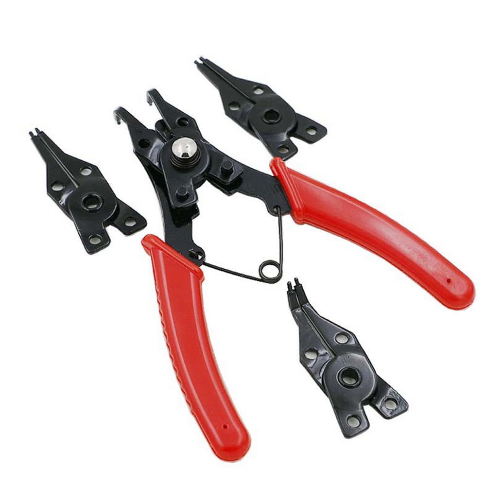 4 in 1 Circlip Pliers, Internal External Circlip Snap Ring Pliers with 4 Exchangeable Jaws for Retaining Ring Installation and Removal, 5 inch, Red