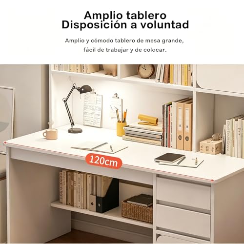 FORKUSO Escritorio con Cajones y Repisa, Computadora Minimalista. Oficina, Madera (Desk). 120 * 45 * 164CM 4 estantes, 3 cajones, 2 armarios. para Sala, Dormitorio o Juegos (Blanco)