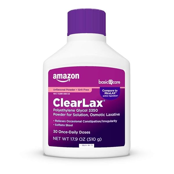AMAZON BASIC CARE CLEARLAX, POLYETHYLENE GLYCOL 3350 POWDER FOR SOLUTION, OSMOTIC LAXATIVE, UNFLAVORED, 1.11 POUND (PACK OF 1)