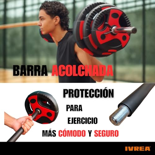 IVREA Set de Barra de Pesas 20 kg de peso ajustable. Barra de tubo de acero de 1” acolchada de 140 cm. Ideal para Principiantes, Intermedios y Ejercicio en Casa
