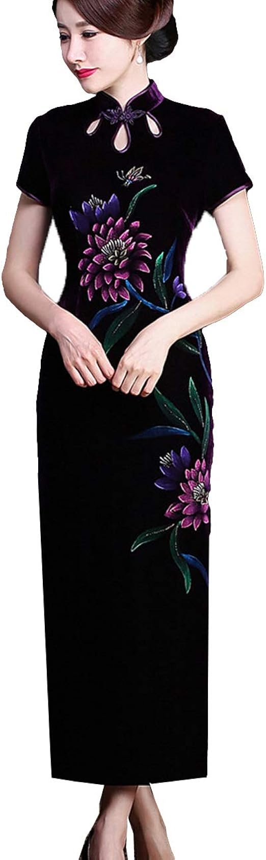 Amazon Zuomaレディース ベルベットドレス チャイナドレス ワンピース ロングドレス 結婚式 披露宴 タイトスカート 半袖 スリット イブニングドレス 通販