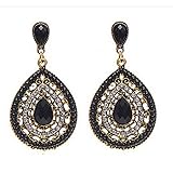 Voberry® Women's Retro Bohemia Teardrop Crystal Drop Dangle Earrings (Black)