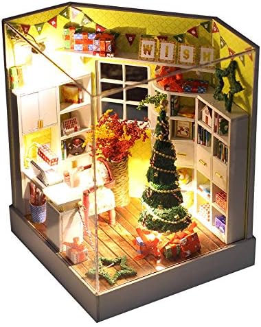 BONJIU Wooden DIY Miniature Dollhouse Kit Furniture LED House Decorate Creative Christmas -Perfect Halloween Christmas Birthday Gifts for Boys and Girls