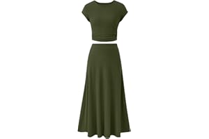 TAPANET Skirt Set Women 2 Piece Outfits Dressy Casual Summer Ribbed Knit Short Sleeve Crop Top Elastic High Waist Midi Skirts