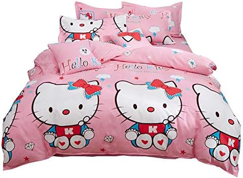 HOLY HOME My Daughter's Birthday Gift Bedding, Hello Kitty Cat & Dream House Duvet Cover Set 4 Piece-Bedclothes Pinkish Red (Twin)