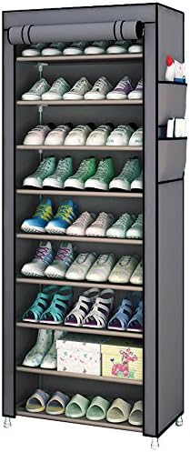 AGGICE 10 Tier Shoe Rack with Non-Woven Faric Cover, 27 Paris Shoe Racks Metal Shoe Shelf Organizer, Cabinet Tower, Grey