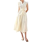 EVAZOU Women's Flowing Long Dress, V-Neck Waist Tie A-line Summer Casual Midi Dress