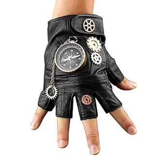 Steampunk Cosplay Compass Gears Fingerless Real Leather