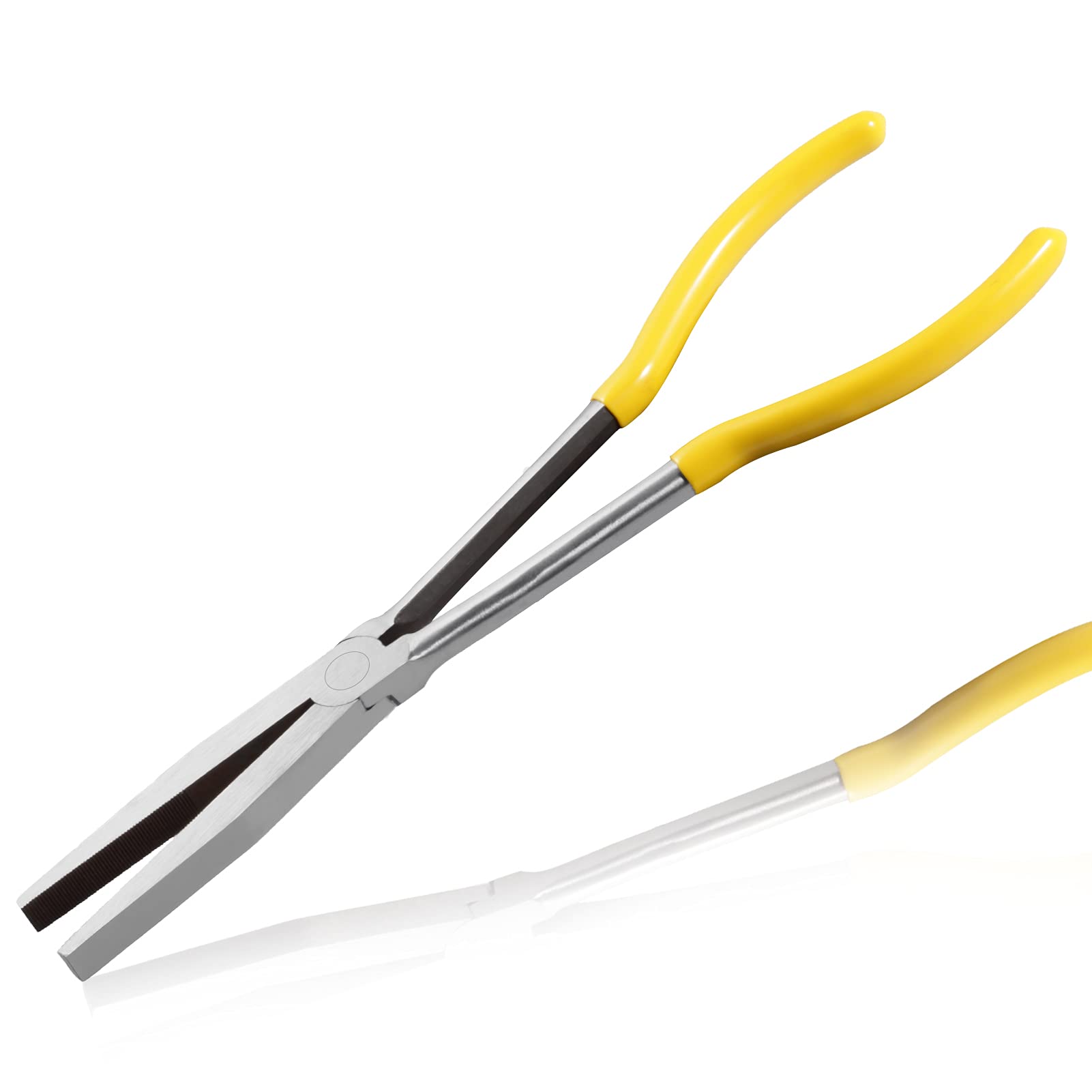 LEONTOOL Long Reach Flat Nose Pliers, 11-inch Duck Billed Pliers with Serrated Jaws for Automotive Repair Mechanical Work, Hard to Reach Narrow Spaces & Limited Clearance Areas