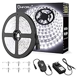 Onforu Dimmable LED Strip Lights, 16.4ft / 5m LED Vanity Mirror Lights Kit, 6000K Daylight White 300 LEDs Under Cabinet Lighting Strips, Non-Waterproof LED Tape, UL Listed Power Supply