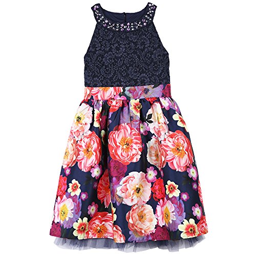 Speechless Big Girls  Lace Bodice Dress with Printed Skirt, Ink Floral, 16