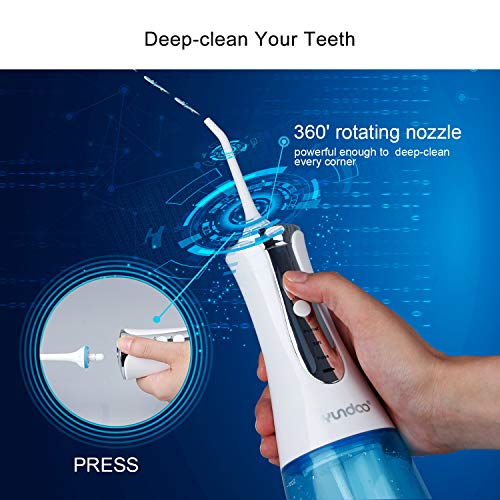 Water Flosser Oral Irrigator, YUNDOO Cordless Rechargeable Anti Leakage Non-slip 300 Ml Water Pick Teeth Cleaner with Power Light for Braces, Implants, Bridges, Dental Care at Home and Travel