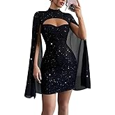 IQLWI Women's Sequin Cloak Sleeve Dress Mock Neck Cocktail Long Flowy Sleeves for Going Out Fromal Prom Party