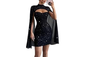 IQLWI Women's Sequin Cloak Sleeve Dress Mock Neck Cocktail Long Flowy Sleeves for Going Out Fromal Prom Party