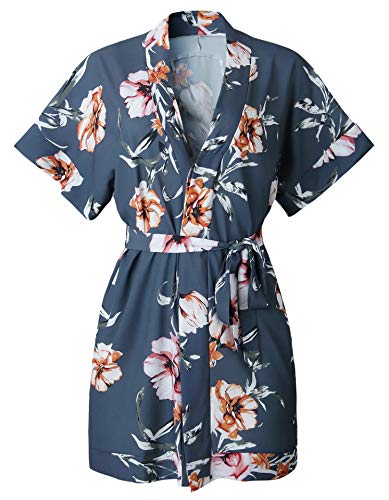 BTFBM Women V Neck Button Down Short Sleeves Floral Print Casual Summer Dress with Belt (32_Blue, Small)