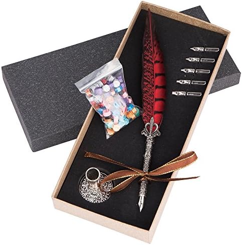 FENORKEY Antique Natural Feather Ink Dip Pen Set Writting Calligraphy Quill Copper Pen Stem 5 Metal Nibs in Different Size with Pen Stand Holder+100pcs Sealing Wax Beads Decor Gif