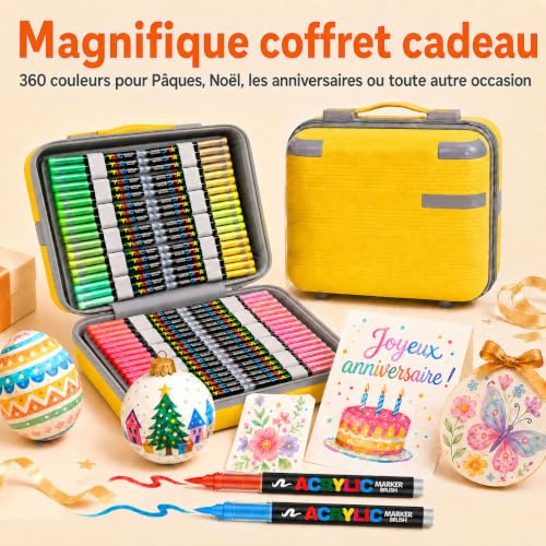 Melifluo Feutres Acrylique 360 Couleurs Pointe Pinceau Souple, Acrylic Paint Markers pour Pierre Verre Bois Toile Céramique Papier Métal Tissu, Feutres Acryliques Coloriage Adulte, Valise